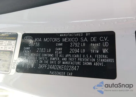 2019 Kia Forte Fe z USA, uszkodzony, nr VIN 3KPF24AD2KE022847